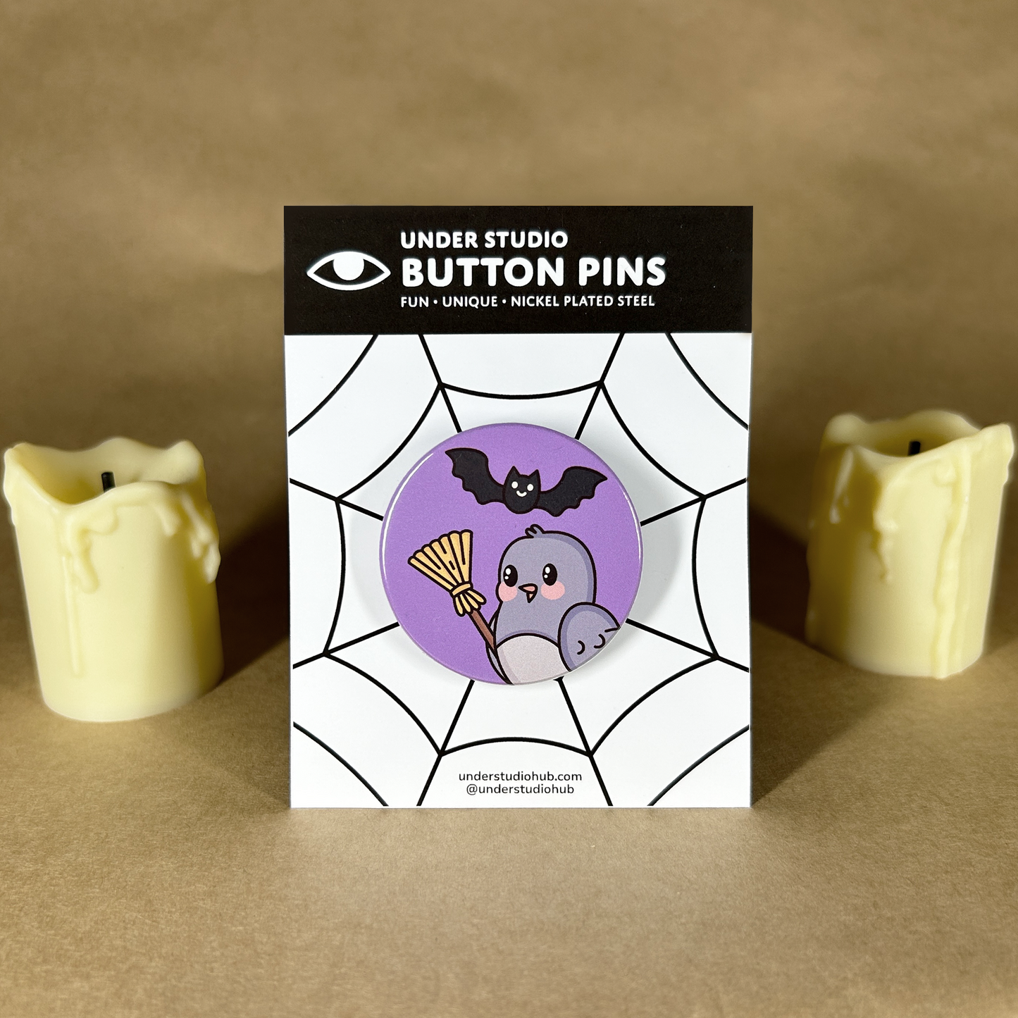 Birdie With Broom & Bat Button Pin