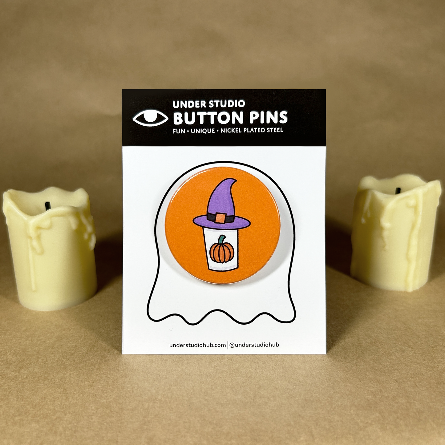 Pumpkin Latte Witch Button Pin