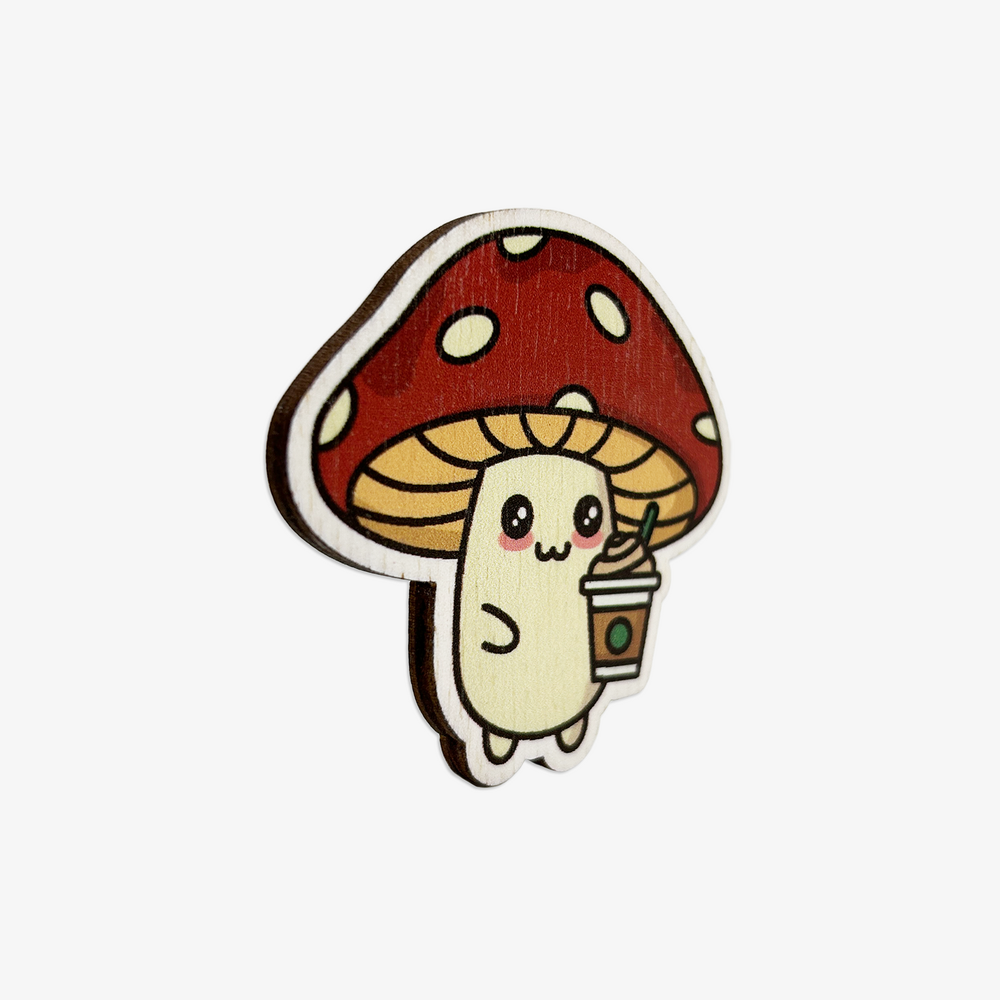 Mushroom & The Iced Coffee Wooden Brooch Pin (with Cotton Pouch)