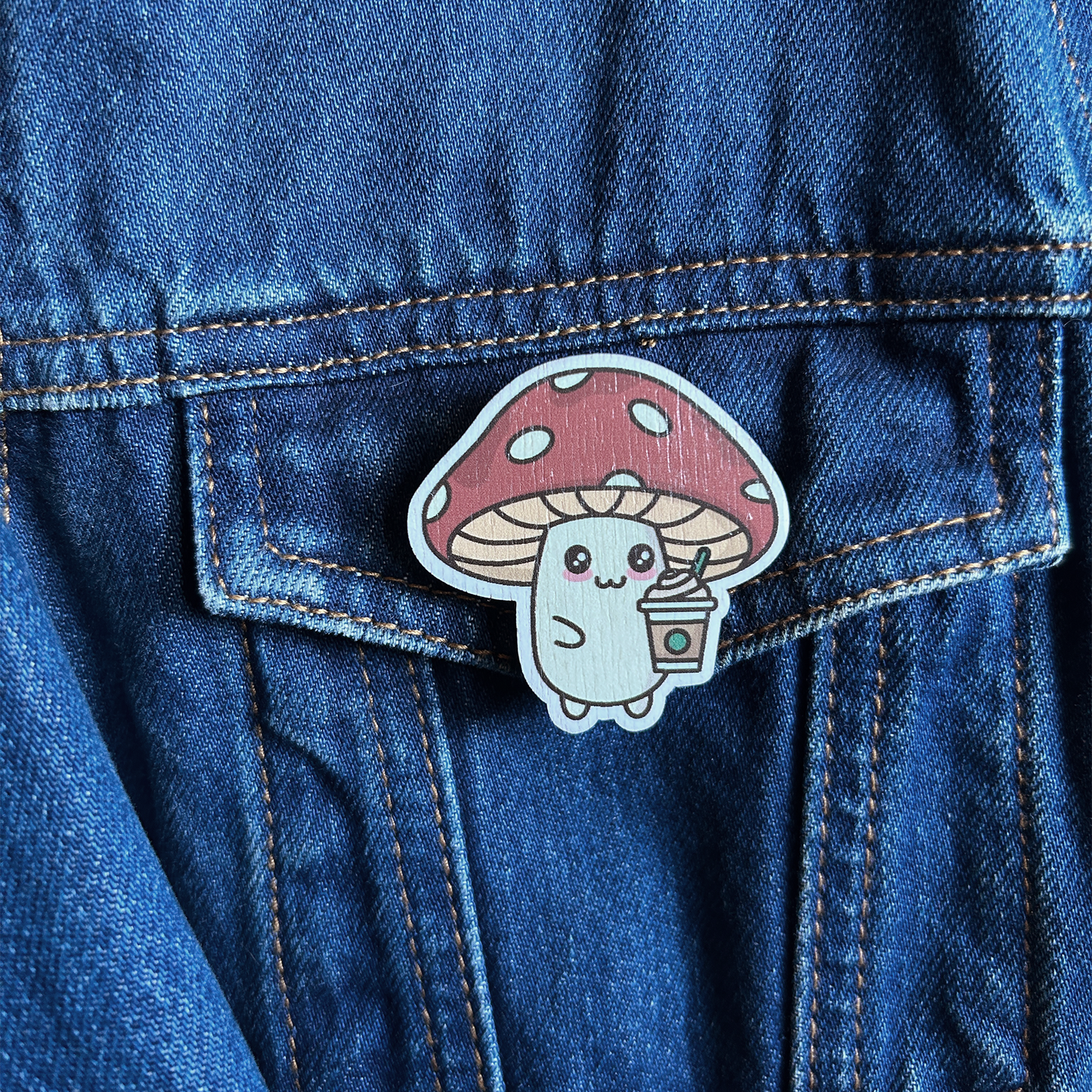 Mushroom & The Iced Coffee Wooden Brooch Pin (with Cotton Pouch)