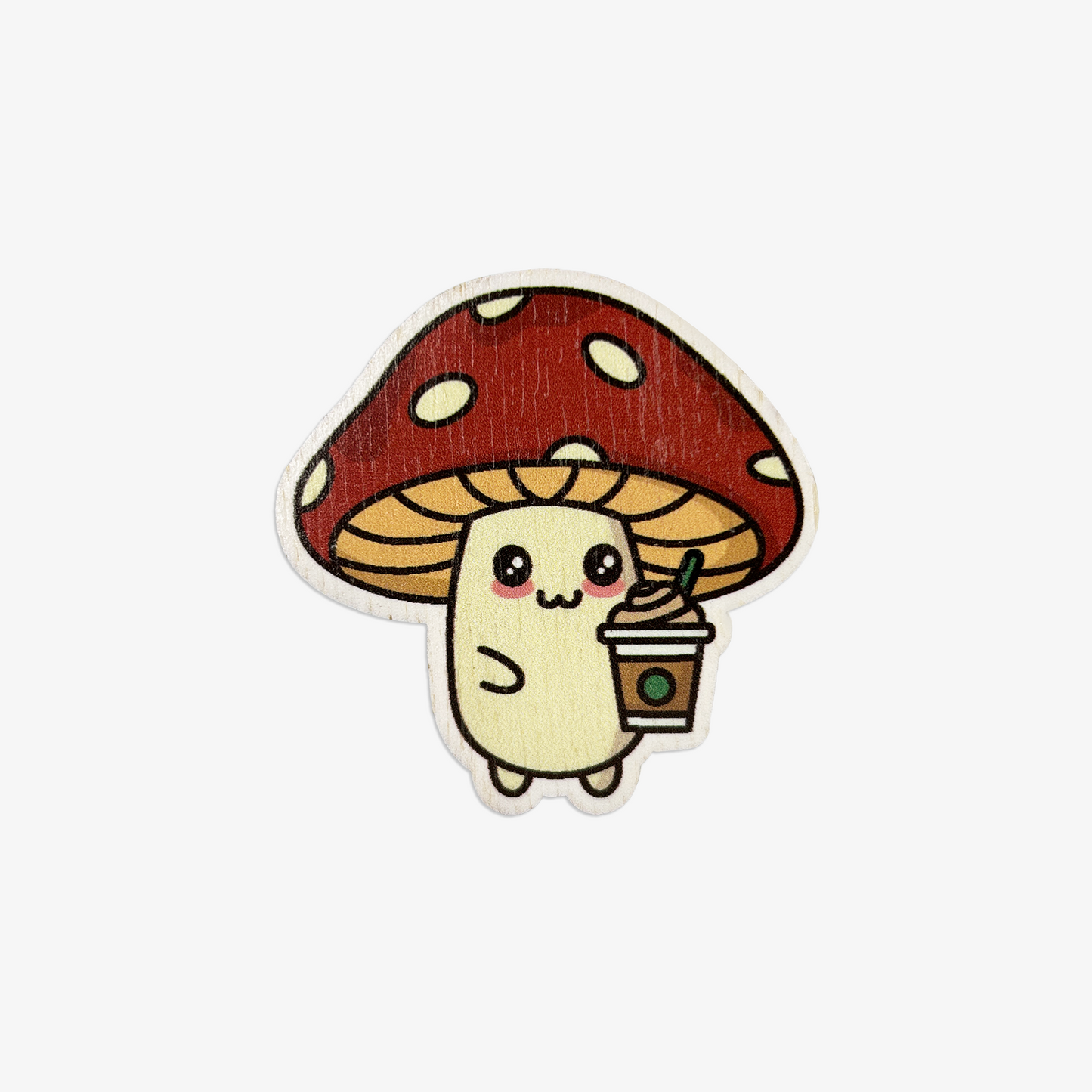 Mushroom & The Iced Coffee Wooden Brooch Pin (with Cotton Pouch)